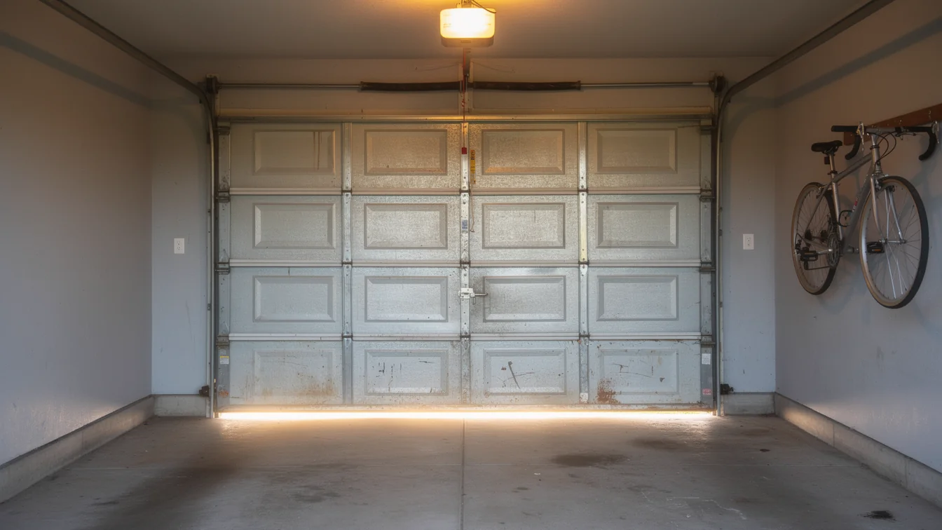 A white garage door is slightly open with light shining through the bottom.