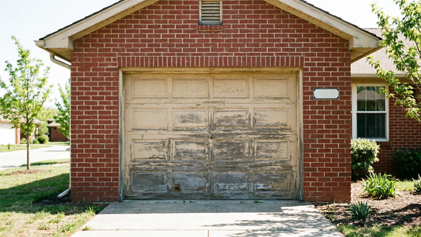 The old garage door on a brick house has peeling paint and visible damage.