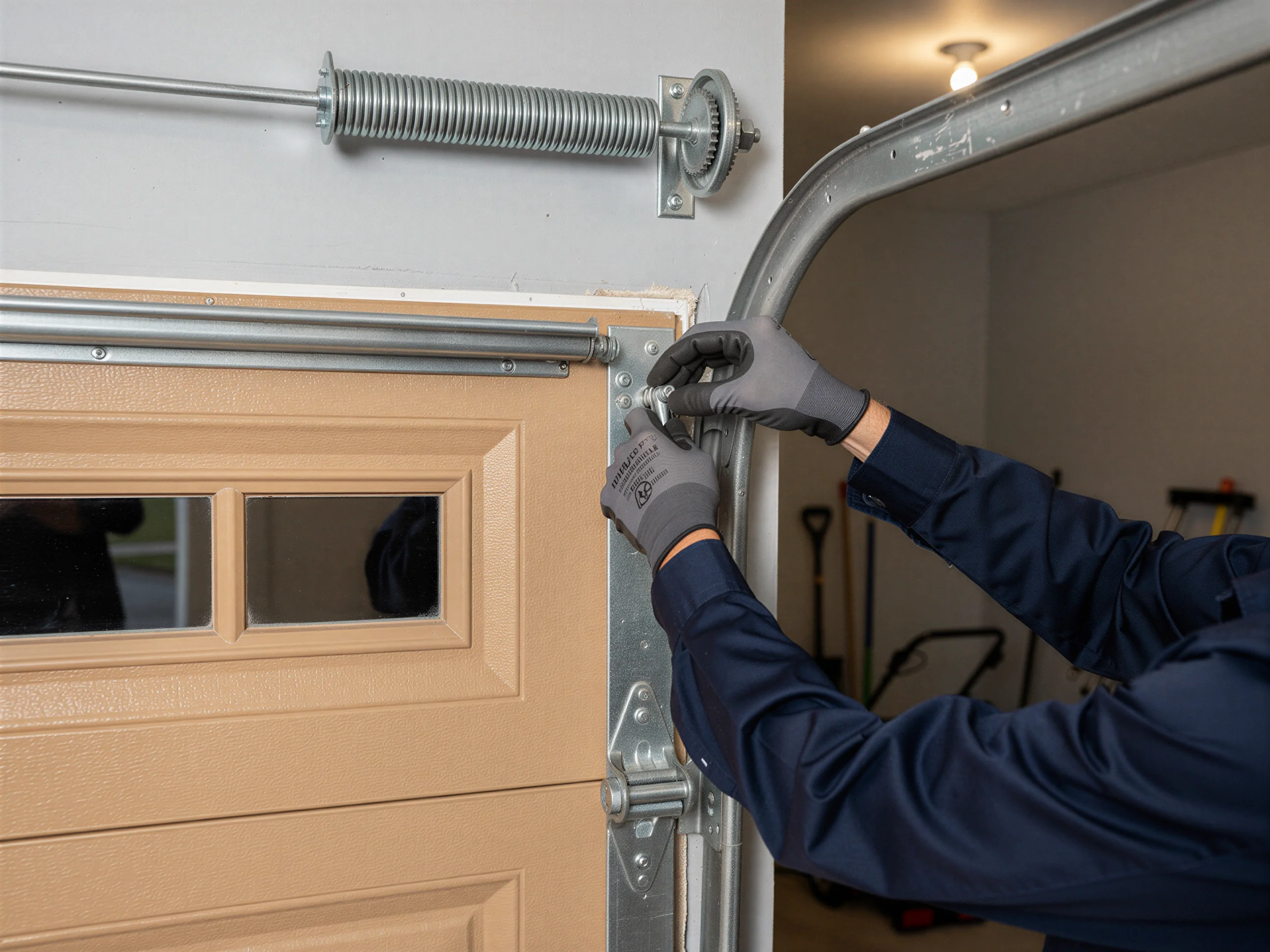 A technician in gray gloves works on a beige garage door with a torsion spring above.
