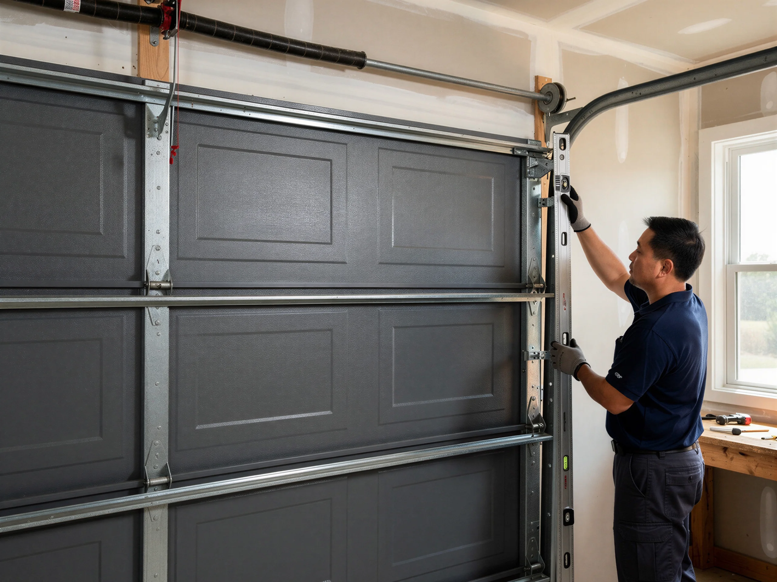 A technician uses a level to adjust the gray garage door track.