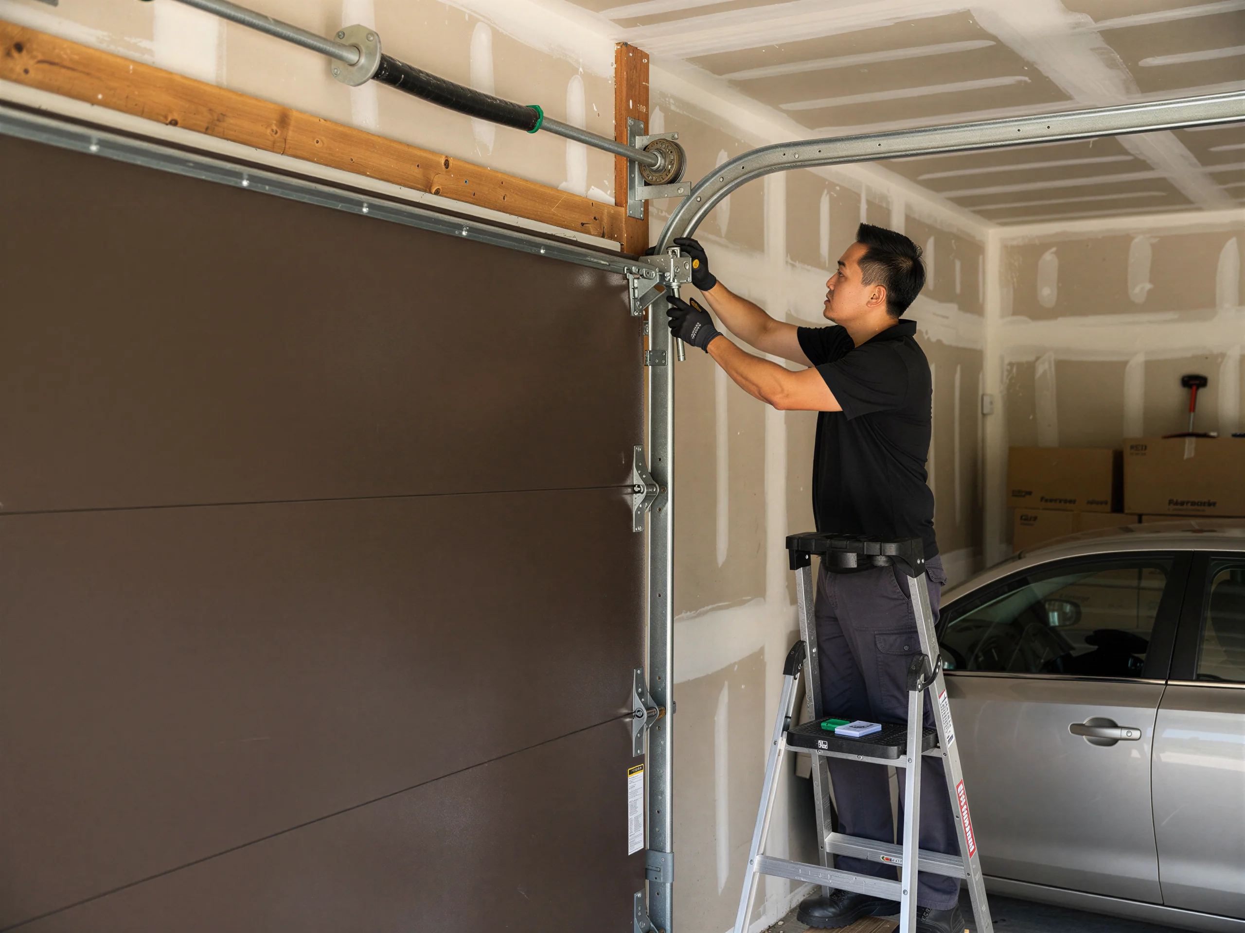 A technician on a ladder adjusts the top of a brown garage door.
